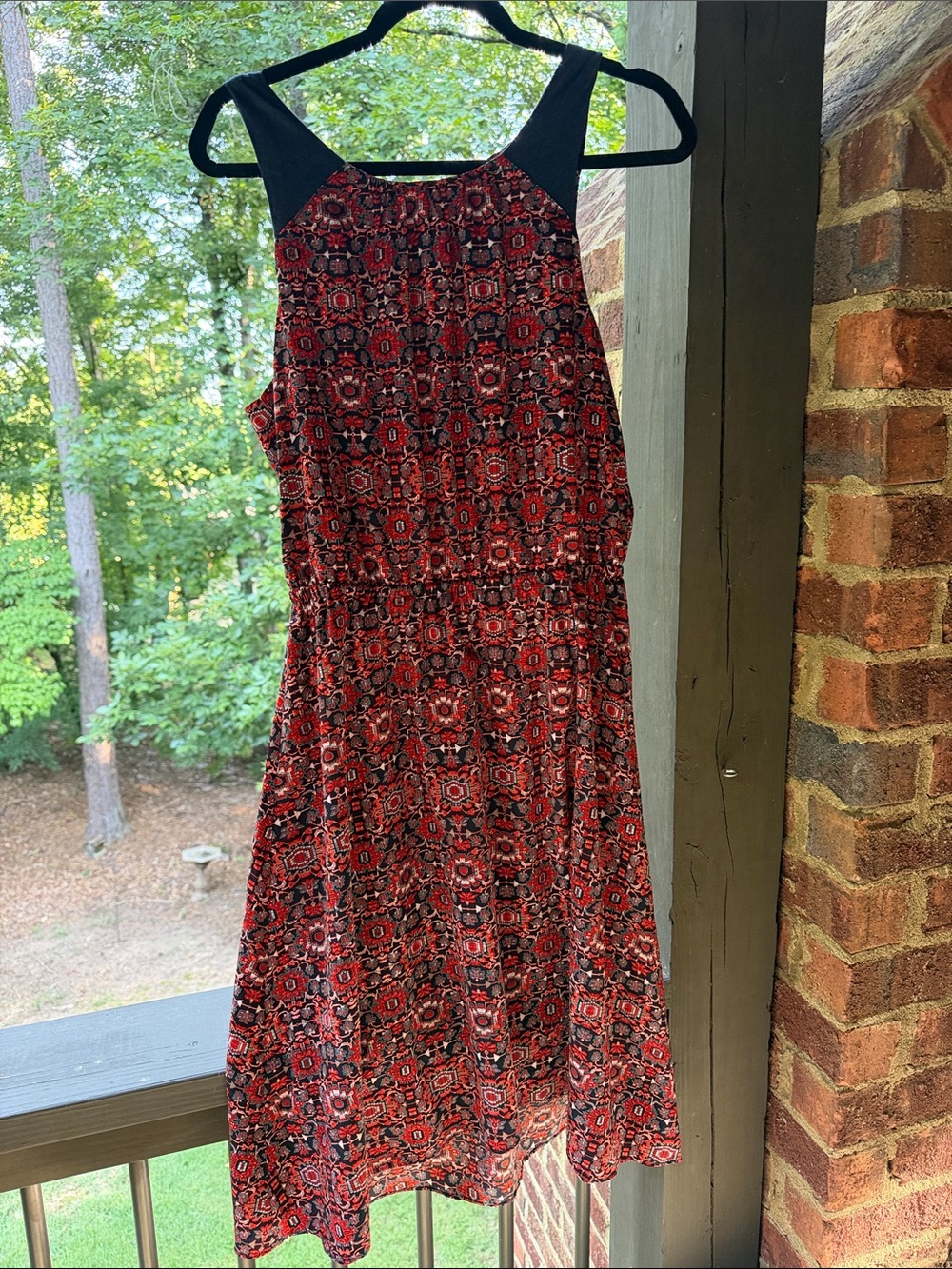 Athleta Red Patterned Sleeveless Dress with Black Shoulder Panels